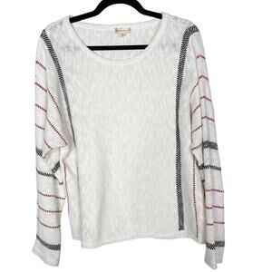 Hem & Thread Medium M White Striped Sleeve Scoop Neck Sweater Red Black Cotton